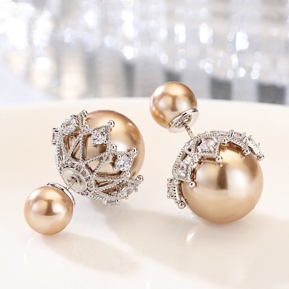 Sterling Silver Double-sided Pearl Stud Earrings (GOLD) ZBGJZB00115 - Picture 1 of 1